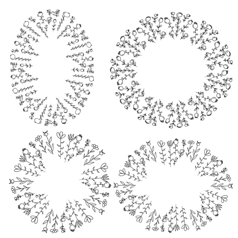 set van vier ronde frames van eenvoudige doodle bloemen met bloemblaadjes en bladeren van verschillende vormen, plantelementen voor decoratie vector