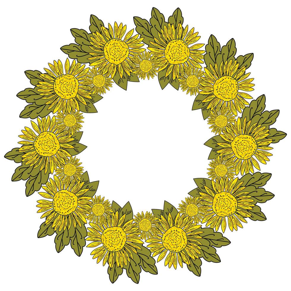 een krans van gele bloemen en groene bladeren, heldere bloemen met kleine bloembladen en een zwarte contouromtrek, gerangschikt in de vorm van een rond frame vector