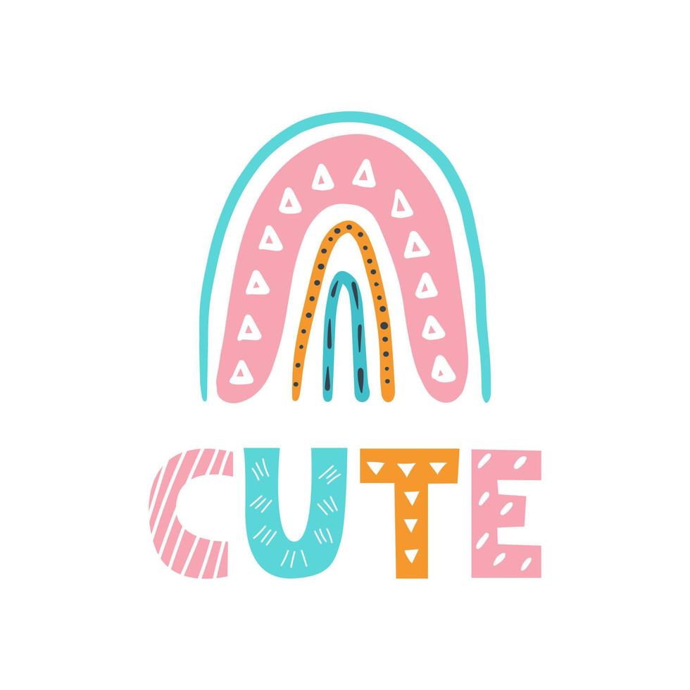 regenboog met de inscriptie schattig, vectorillustratie in doodle-stijl vector