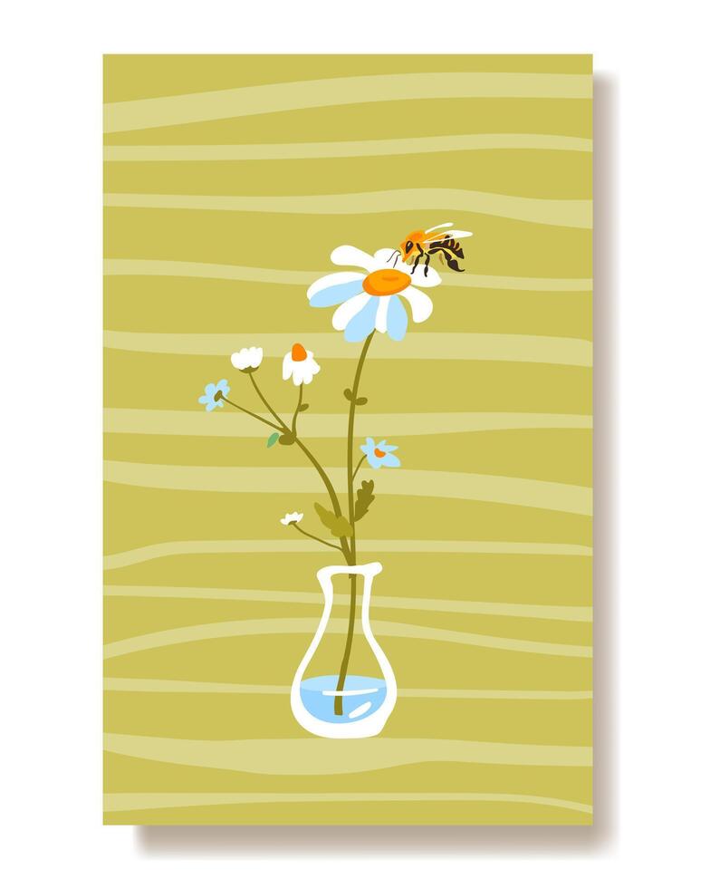 zomer poster wild bloemen wit madeliefje bij, glas vaas gemakkelijk bloem. traditioneel geïsoleerd fabriek sjabloon ansichtkaart verticaal behang kleding stof verpakking kleding stof behang textiel vector