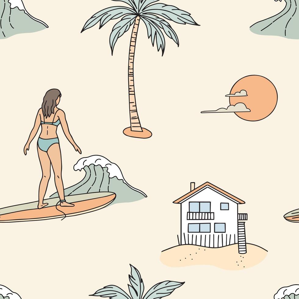 naadloos patroon met surfer meisje, palm bomen en strand huis. hand- getrokken illustratie. vector