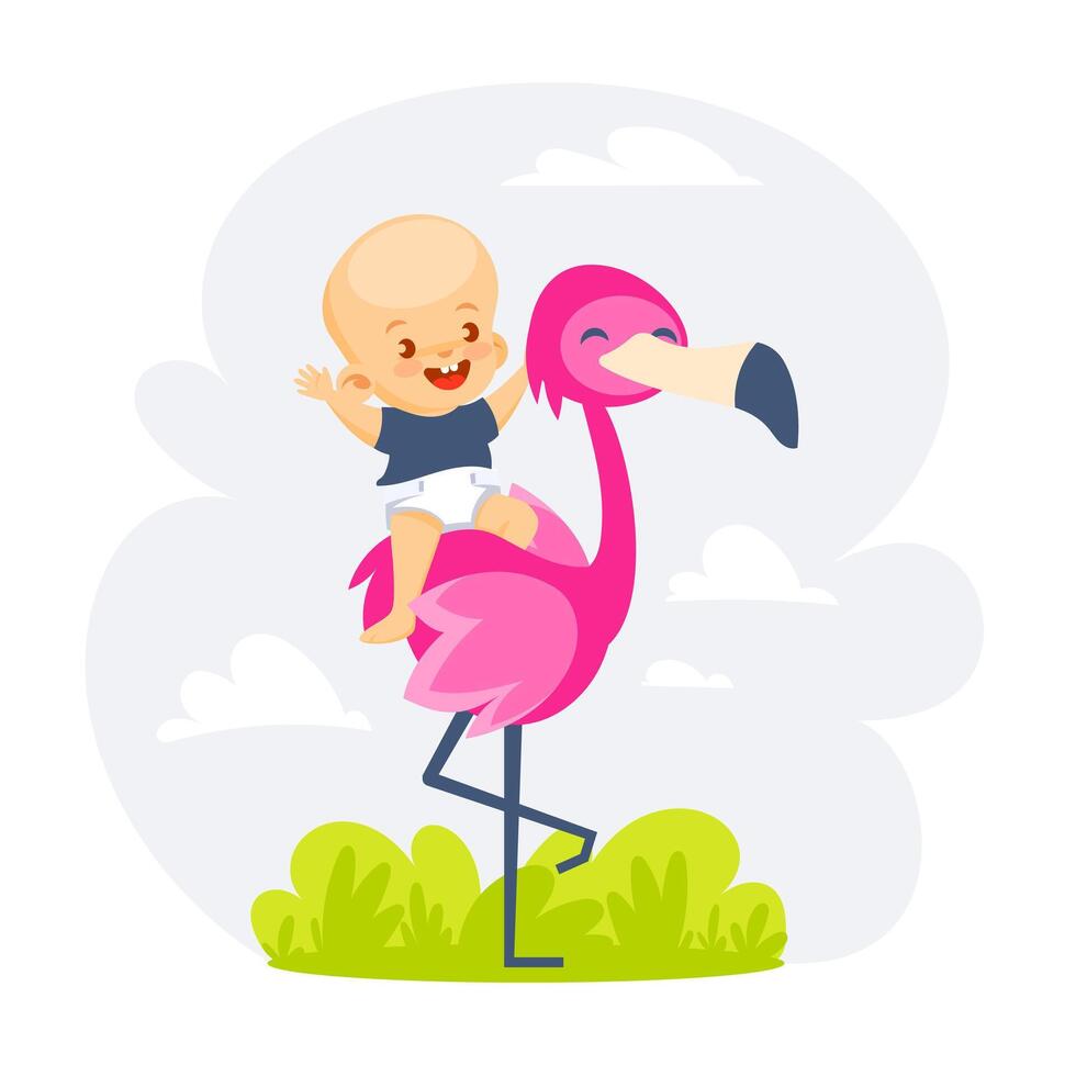 illustratie van een menselijk baby zittend schrijlings een flamingo in een schattig tekenfilm stijl. vector