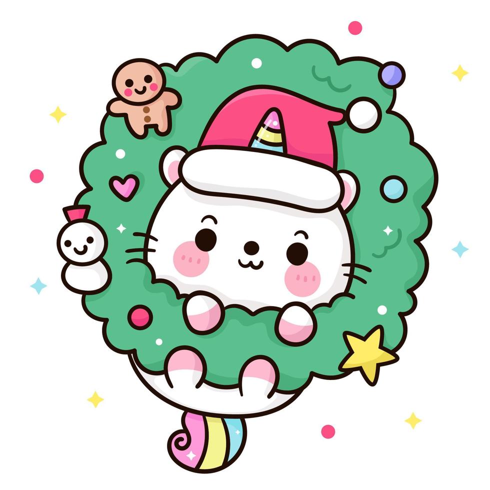 schattige eenhoorn kat met kerstkrans kawaii dier vector