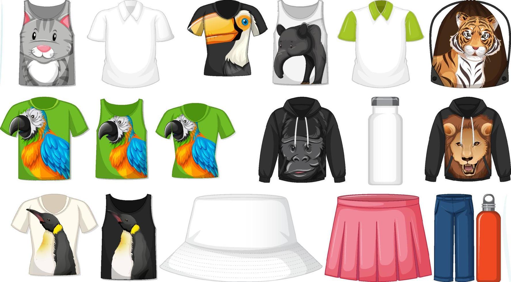 set van verschillende shirts en accessoires met dierenpatronen vector