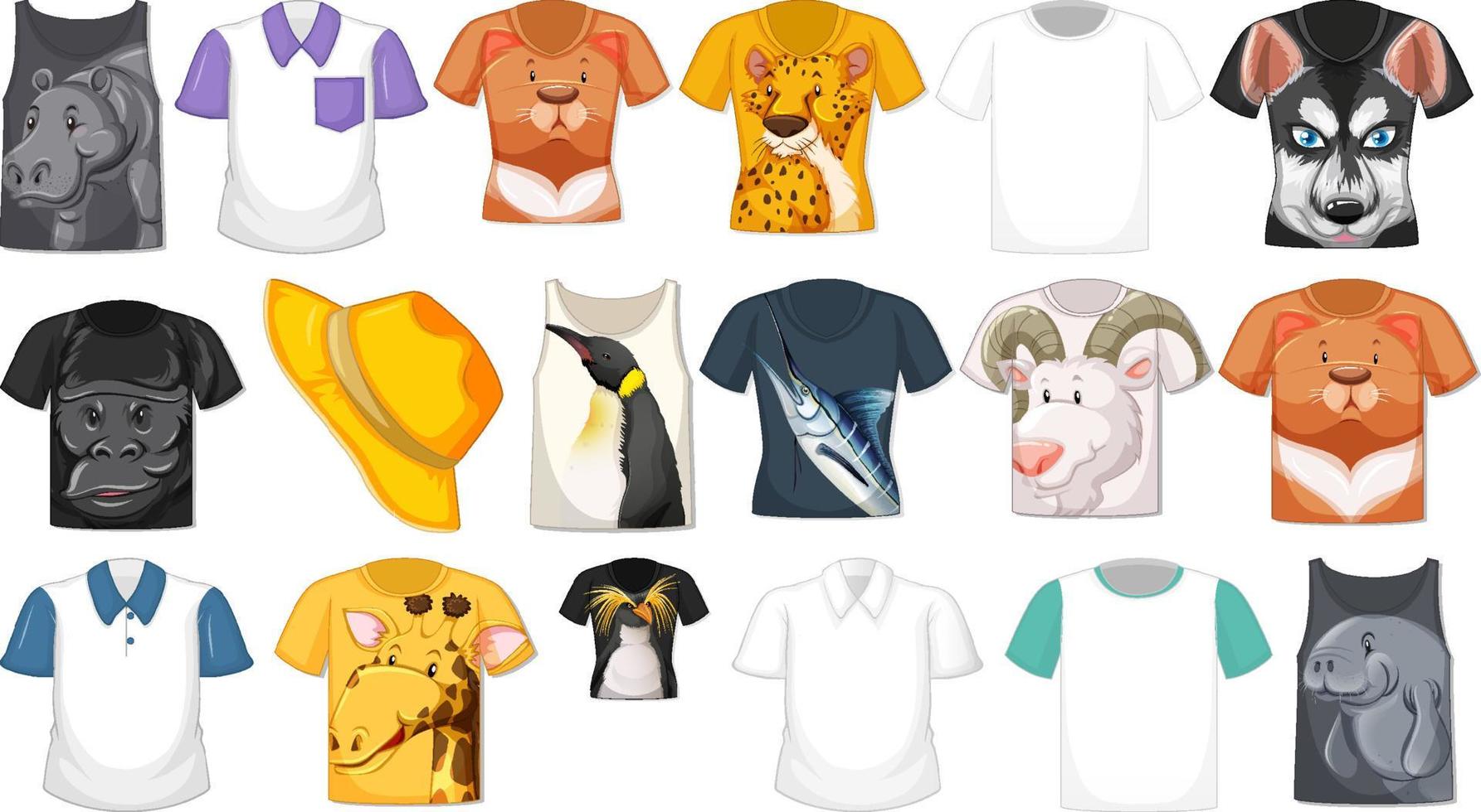 set van verschillende shirts en accessoires met dierenpatronen vector