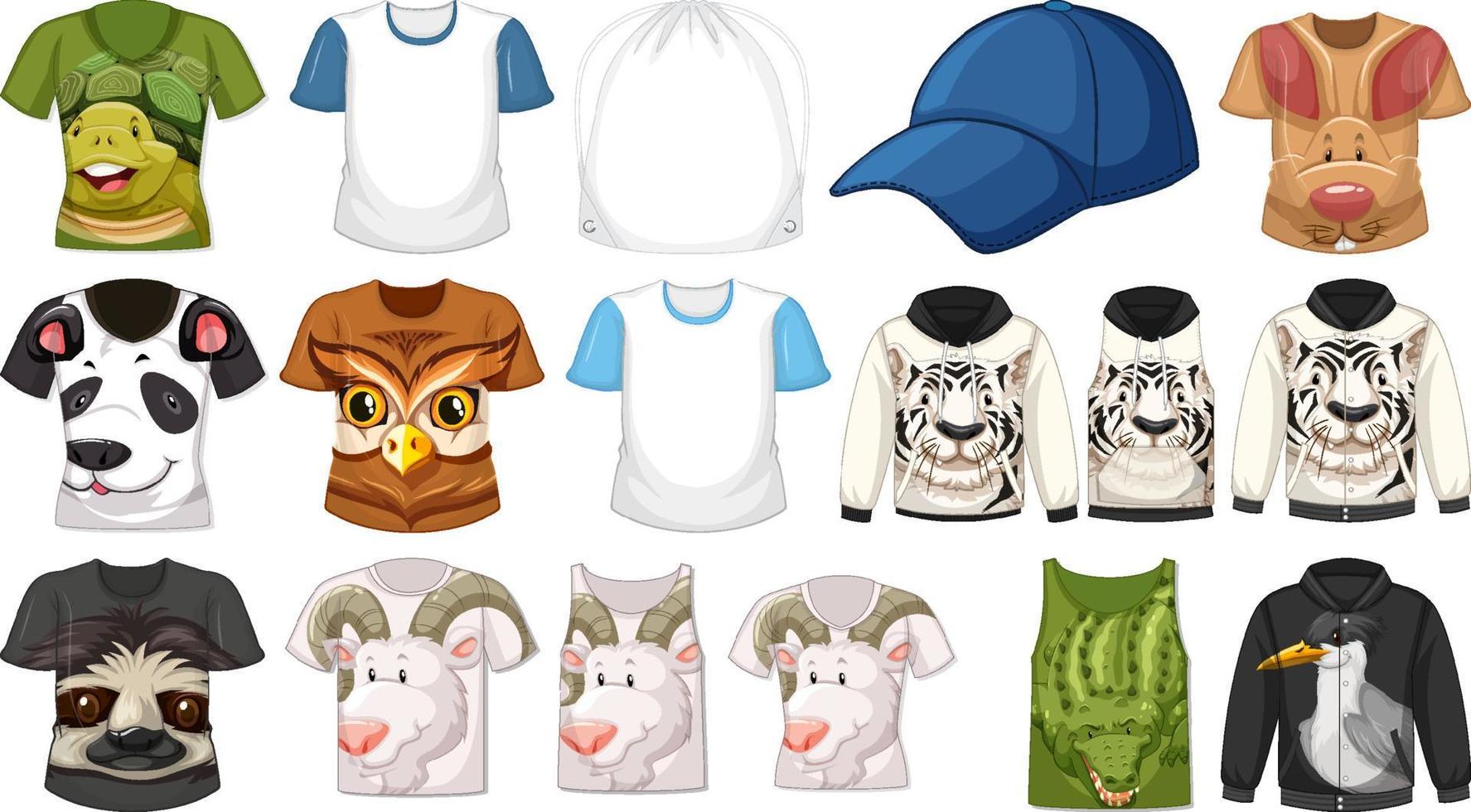 set van verschillende shirts en accessoires met dierenpatronen vector