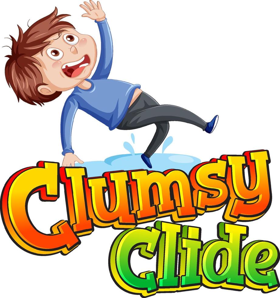 onhandig clide logo tekstontwerp met jongen uitgegleden op een natte vloer vector