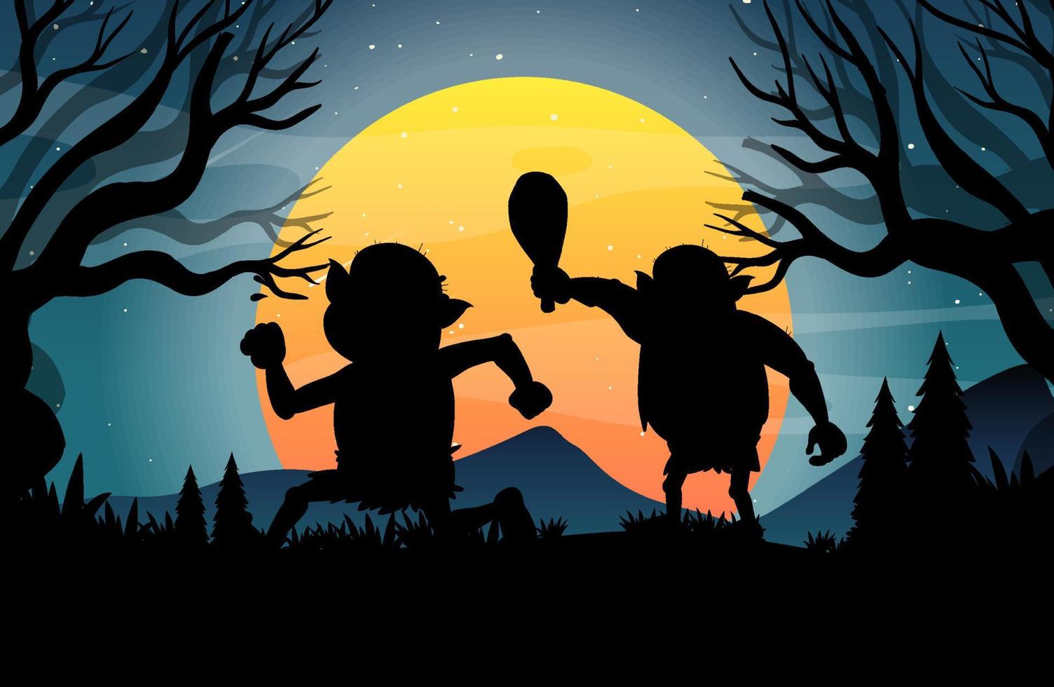 halloween nacht achtergrond met trollen silhouet vector