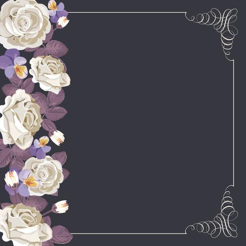 Flora kaartsjabloon met witte rozen en vierkant kalligrafisch frame. vector