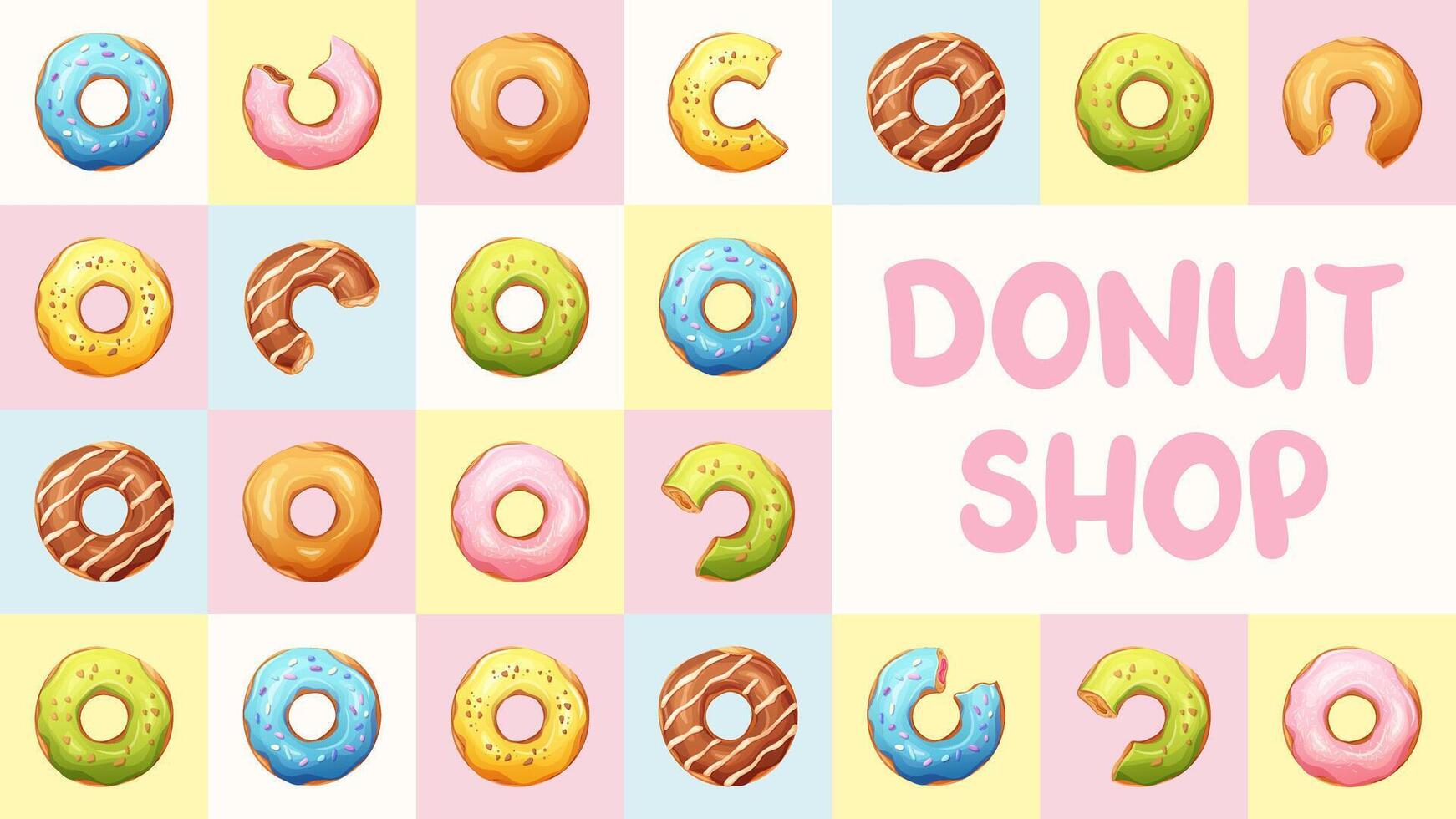 naadloos tegel patroon, schaakbord met donuts en donut winkel belettering. patroon in pastel delicaat kleuren, kauwgom vector