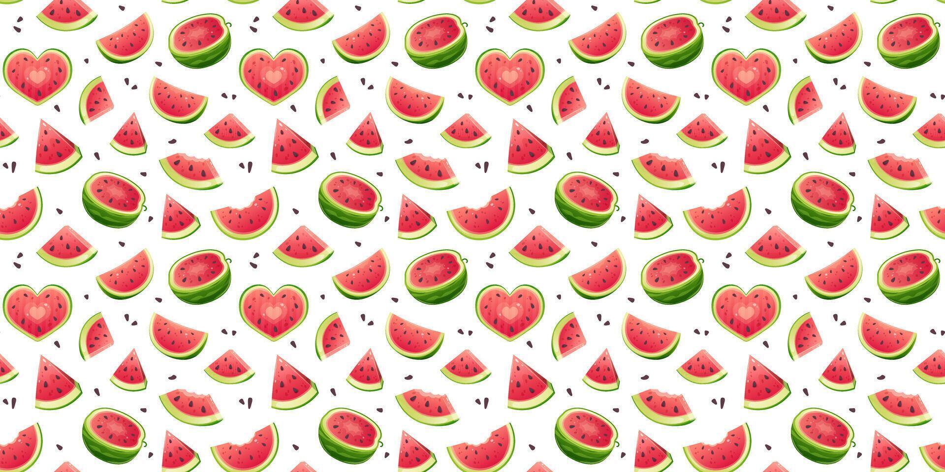 naadloos patroon met tekenfilm watermeloen en hart vormig watermeloen stukken. fruitig zomer patroon vector