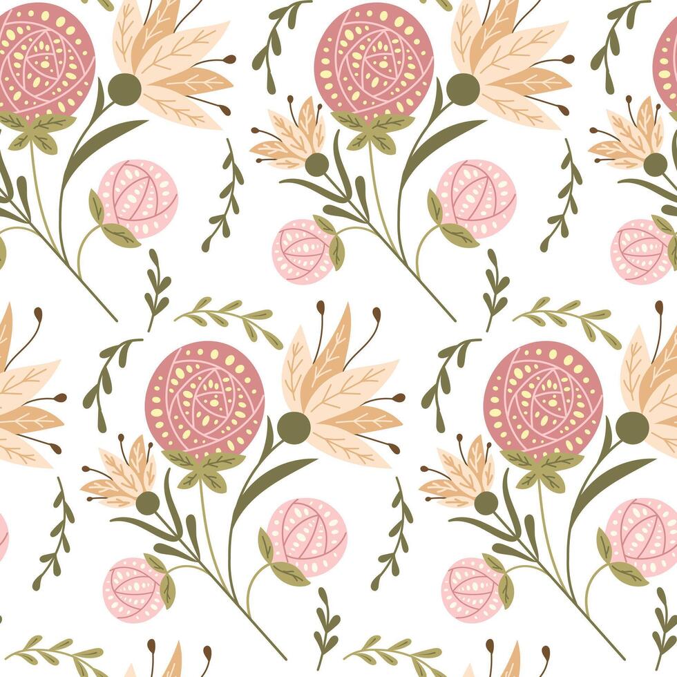 wijnoogst naadloos patroon met fantasie bloemen samenstelling in volk stijl in gedempt kleuren. botanisch vlak illustratie in boho stijl voor bruiloft. retro natuur afdrukken ontwerp voor textiel of behang vector