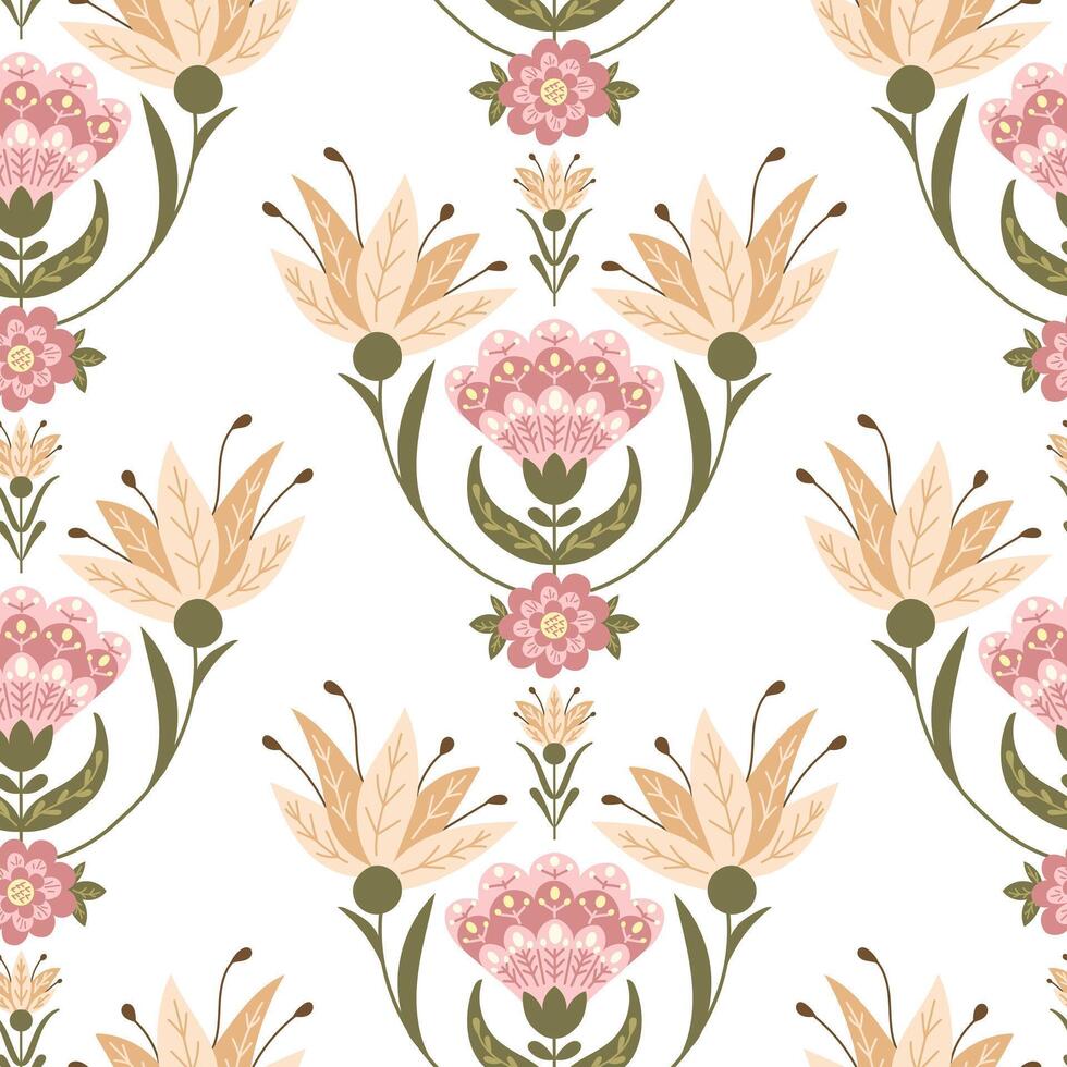 vlak naadloos patroon met fantasie bloemen samenstelling in retro volk stijl in gedempt kleuren. botanisch illustratie in boho stijl voor bruiloft . wijnoogst natuur afdrukken ontwerp voor textiel of behang vector