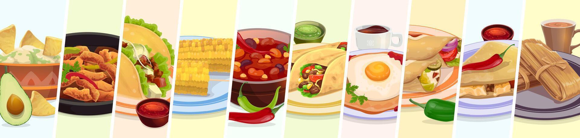 Mexicaans voedsel collage, tex Mex maaltijd, nagerecht, drinken vector