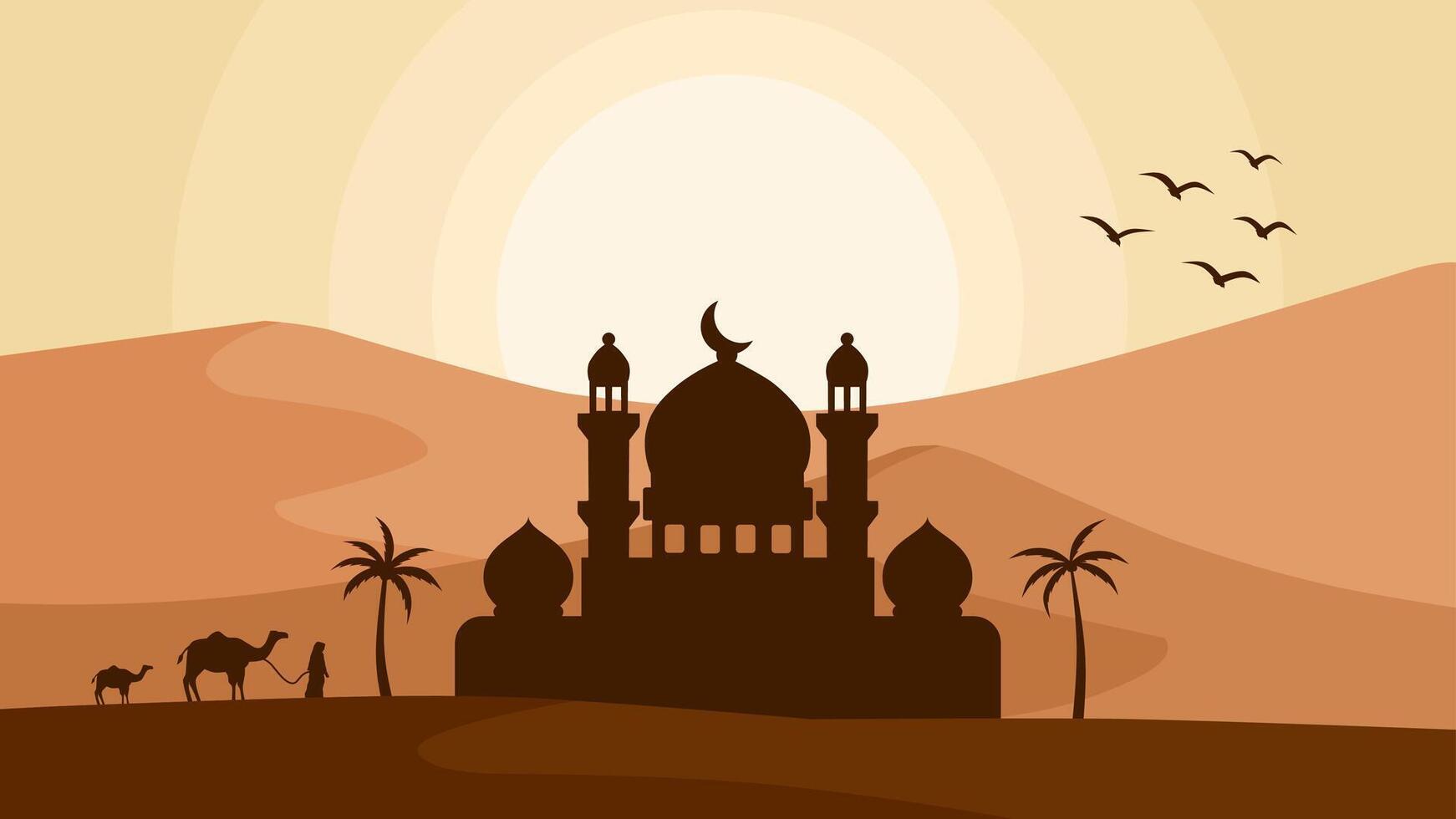 vlak landschap illustratie van moskee silhouet in de zand woestijn vector