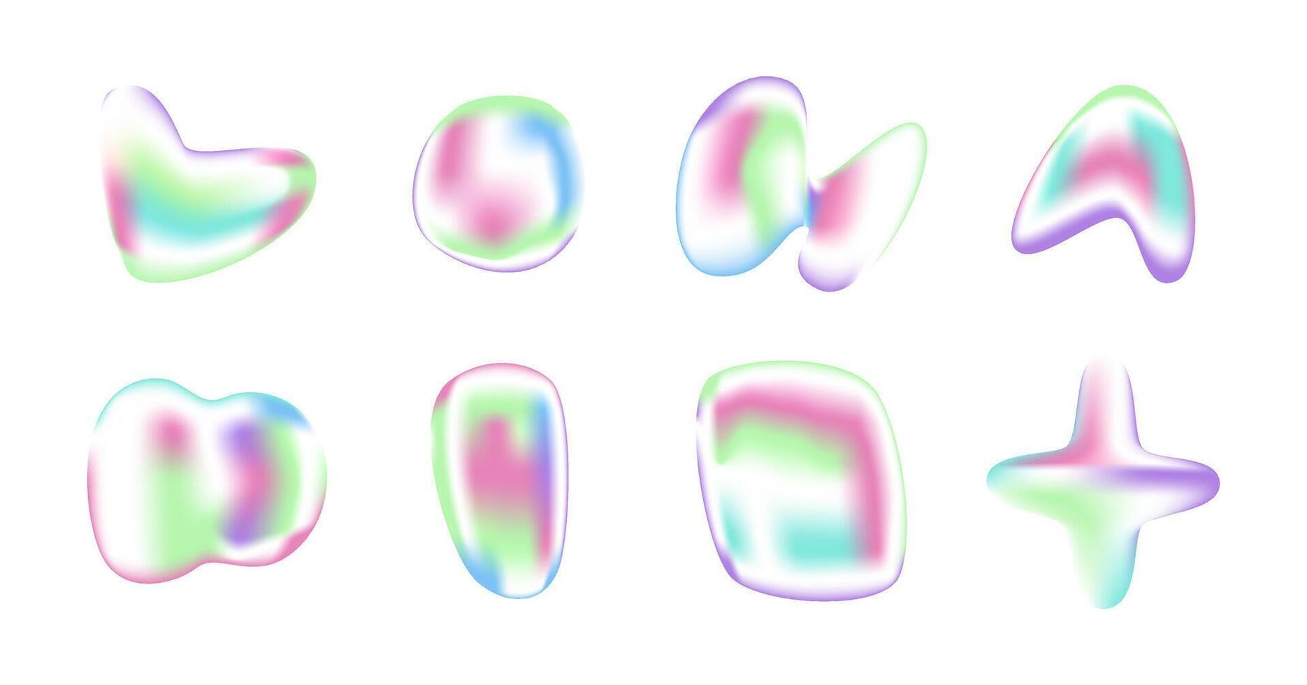 abstract holografische vloeistof vormen en vormen. vrije vorm helling figuren. retro bubbels, vlekken, kronkels. 90s y2k nostalgie. vector