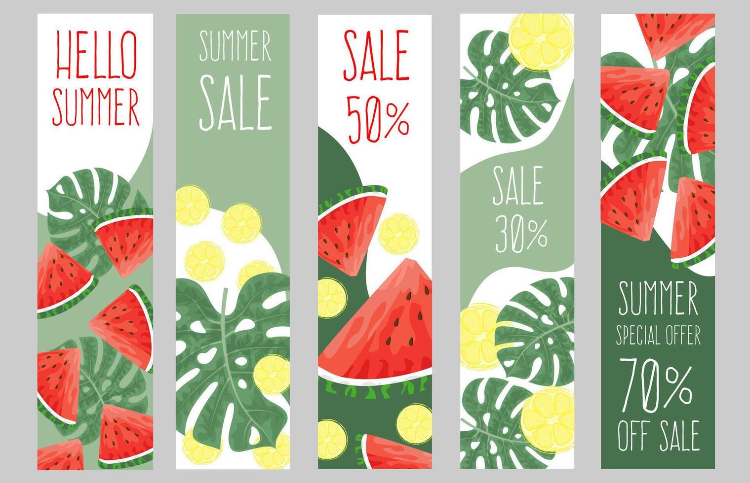 zomer uitverkoop. reeks van banners of posters met veel plak van watermeloen en citroen. hand- getrokken illustratie, eps10. vector