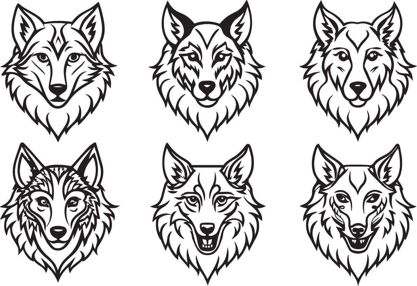 reeks van wolf hoofd zwart en wit. illustratie. vector