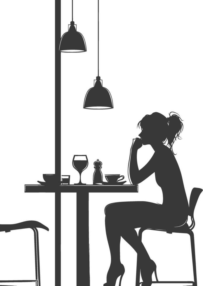 silhouet vrouw zittend Bij een tafel in de cafe bar restaurant zwart kleur enkel en alleen vector