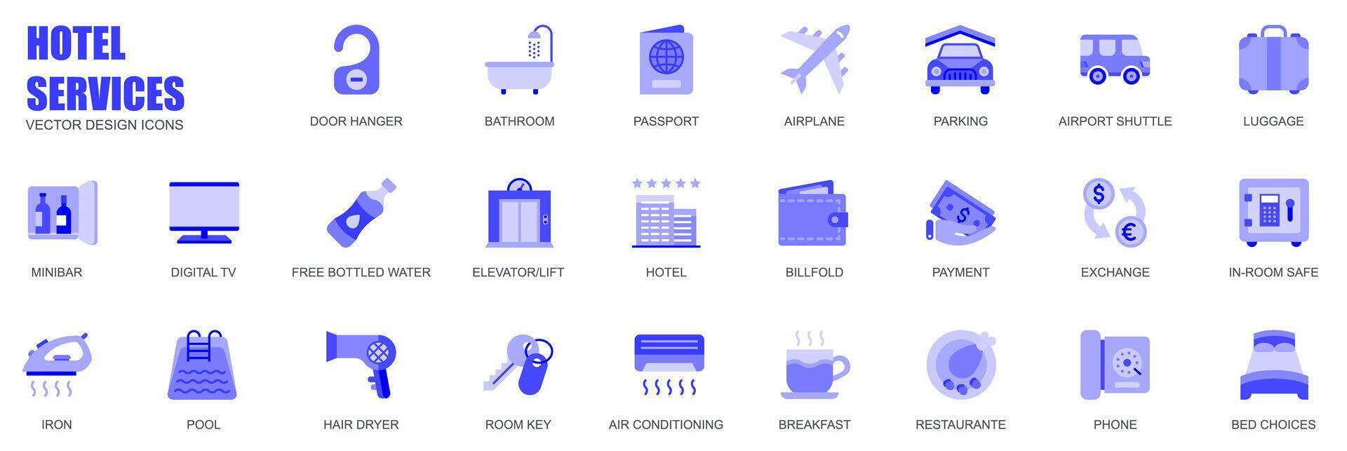 hotel Diensten concept van web pictogrammen reeks in gemakkelijk vlak ontwerp. pak van deur hanger, badkamer, paspoort, vliegtuig, parkeren, luchthaven shuttle, bagage en ander. blauw pictogrammen voor mobiel app vector