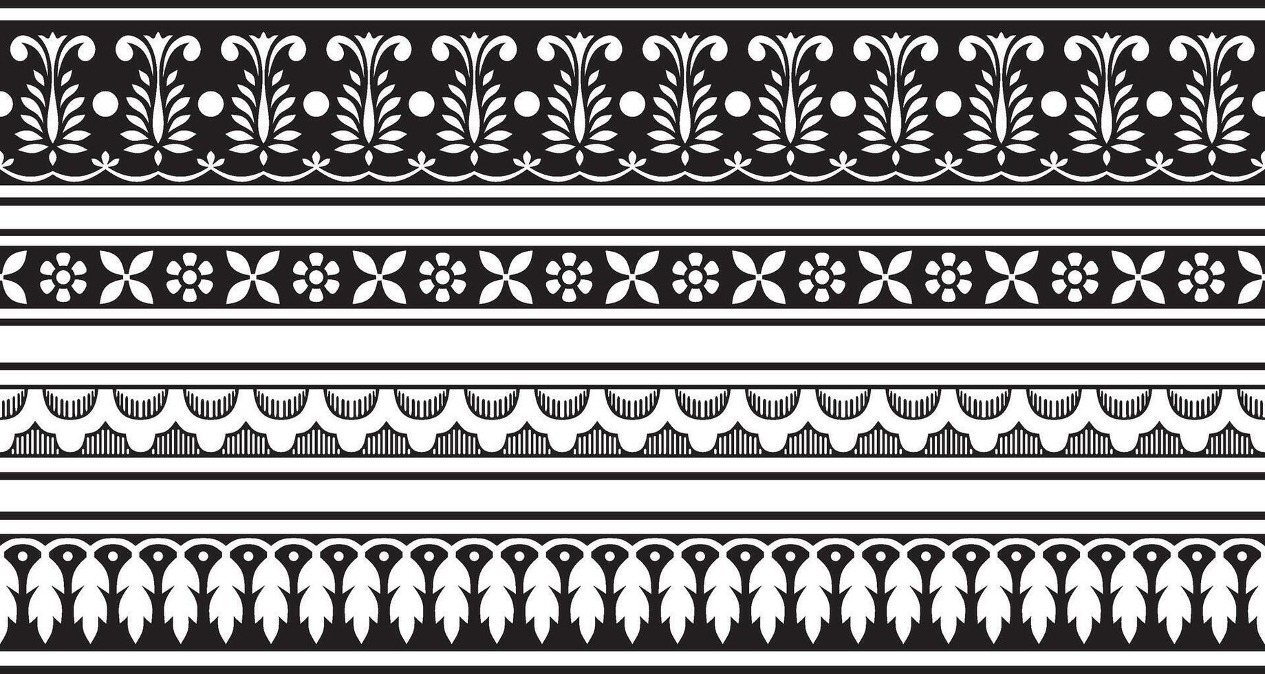 reeks van naadloos monochroom zwart Indisch nationaal ornament. etnisch eindeloos fabriek grens. bloemen kader. klaprozen en bladeren vector