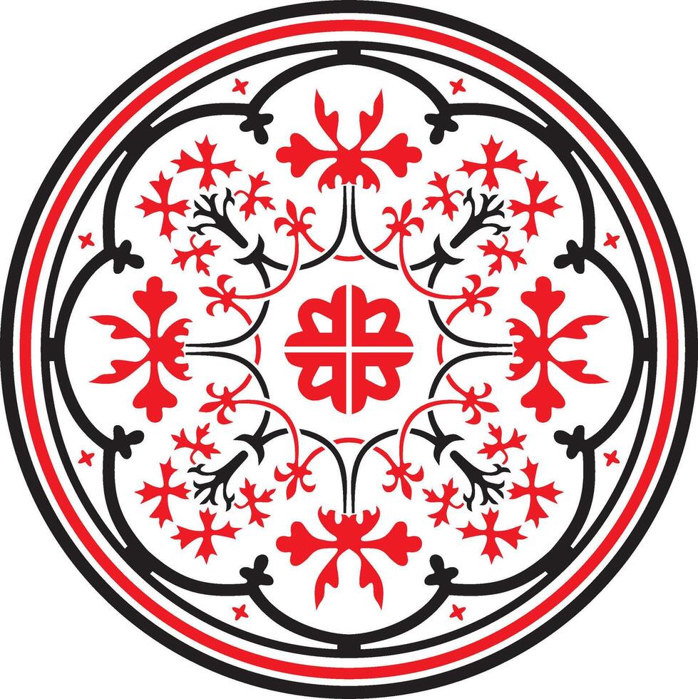 ronde klassiek Europese ornament, rood met zwart. bloemen patroon in een cirkel. oudheid van oude Griekenland en de Romeins rijk vector