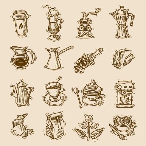 Koffie schets iconen set vector