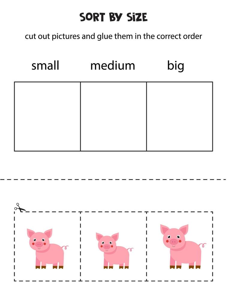 sorteer foto's op grootte. educatief werkblad voor kinderen. vector