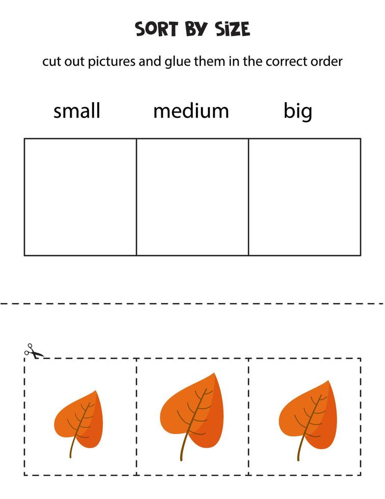 sorteer foto's op grootte. educatief werkblad voor kinderen. vector