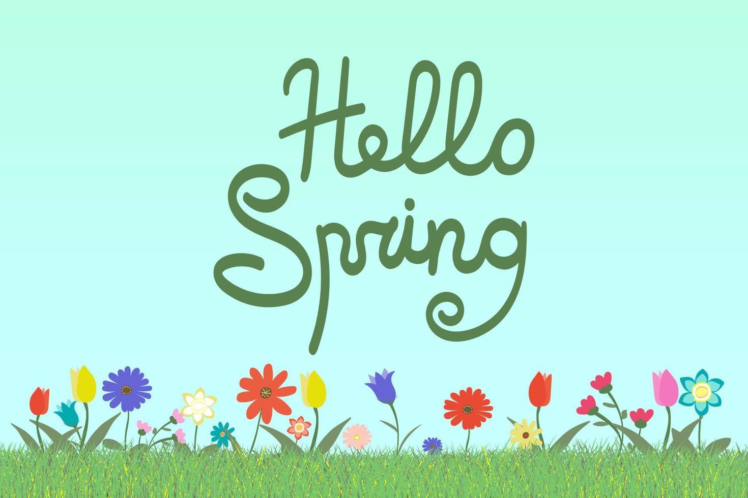 set van vele variatie van bloemen op blauwe hemelachtergrond met gras en tekst belettering hallo lente vector illustratie briefkaart. gelukkig, schattig, met de hand getekend met liefde.