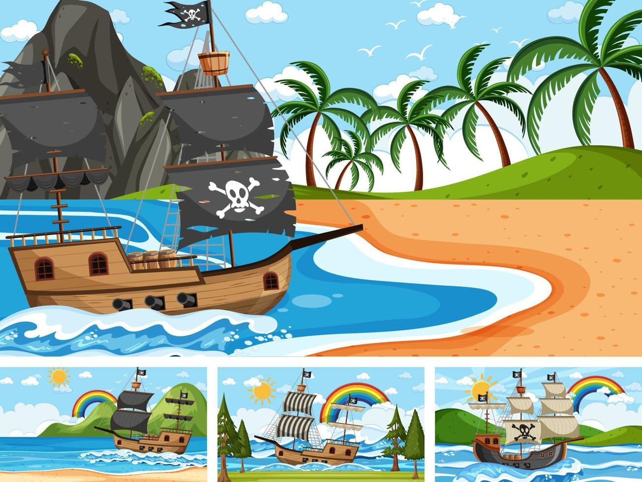 set oceaanscènes op verschillende tijdstippen met piratenschip in cartoon-stijl vector