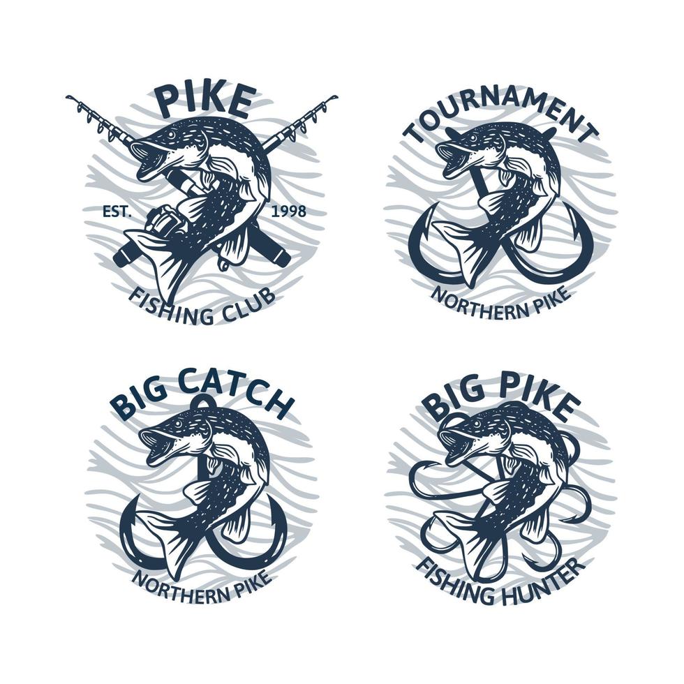 set van snoek vissen logo club toernooi grote vangst, vintage embleem badge vector
