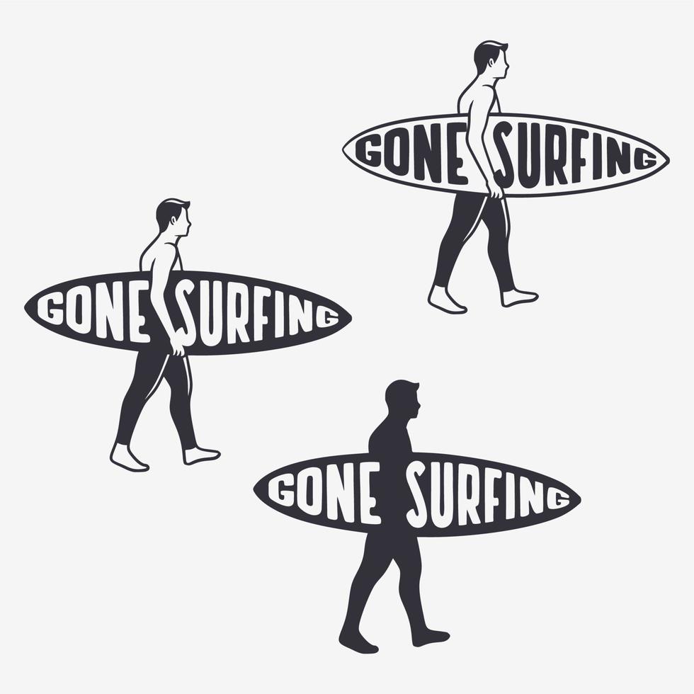 verdwenen surfen citaat typografie met vintage illustratie mannen lopen met de surfplank vector