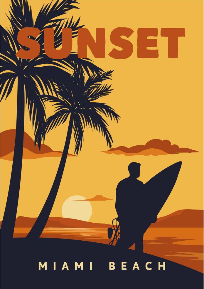 zonsondergang miami strand poster illustratie surfen vintage retro stijl vector