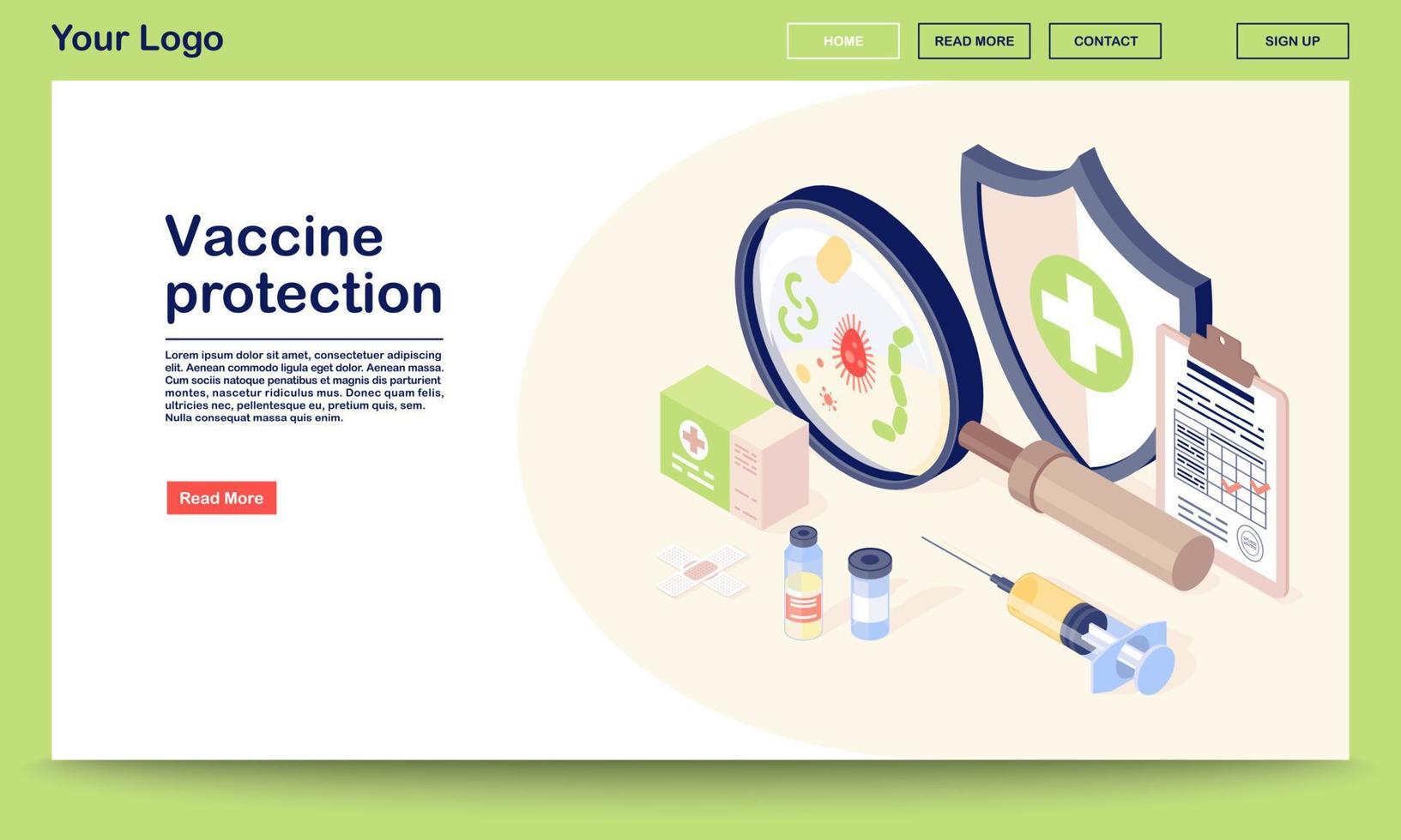 vaccin bescherming webpagina vector sjabloon met isometrische illustratie. vaccinatierecords, flacon, spuit, virus. vaccinatie kliniek. ontwerp van de website-interface. webpagina, 3D-concept voor mobiele apps