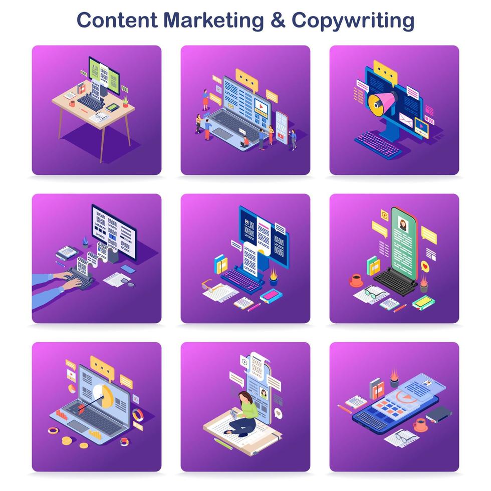 content marketing en copywriting isometrische concept iconen set. inkomende digitale marketing. pr-campagne, online promotie. reclametekst schrijven. copywriters, marketeers, bloggers die inhoud creëren vector