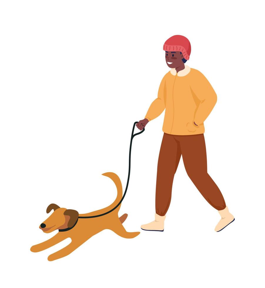 man met puppy semi-egale kleur vector karakter. wandelende figuur. volledige lichaamspersoon op wit. winterseizoen geïsoleerde moderne cartoon stijl illustratie voor grafisch ontwerp en animatie