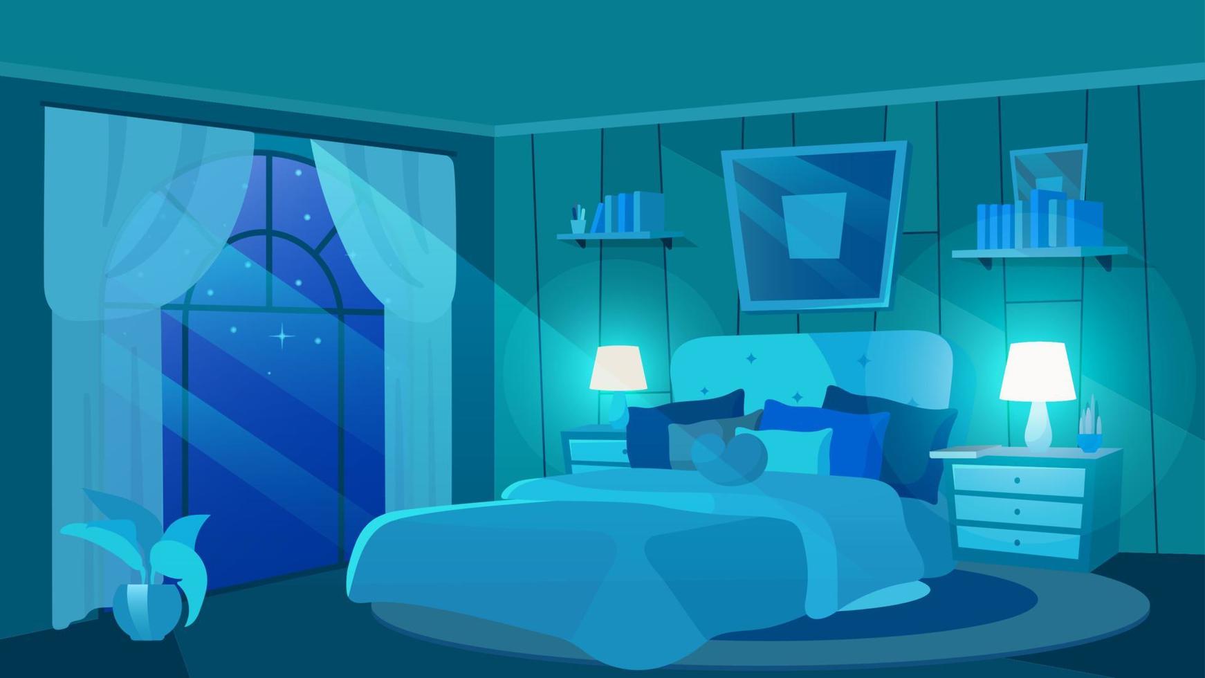 vrouwelijke slaapkamer bij nacht platte vectorillustratie. luxe landgoed interieur met moderne meubels. cartoon bed met kussens, hartvormig kussen, trendy afbeelding hierboven. nachtkastjes met lampen, planten vector