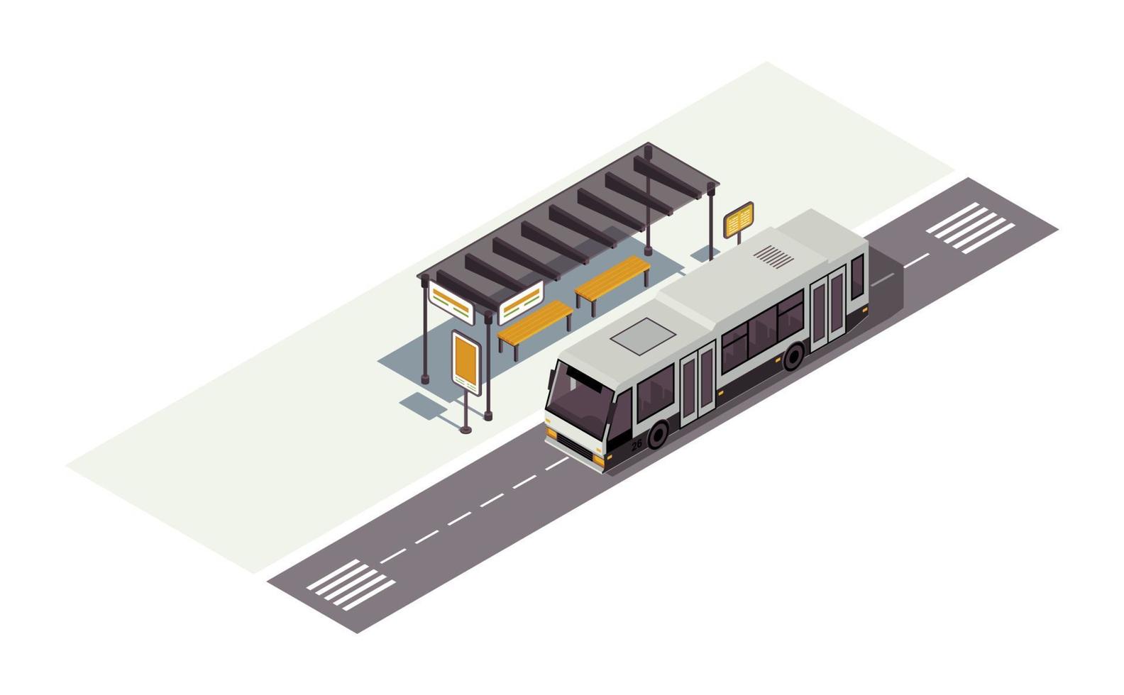 bushalte isometrische kleur vectorillustratie. wachtstation. openbaar stedelijk vervoer infographic. stadsvervoer. stadsverkeer. auto 3d concept geïsoleerd op een witte achtergrond vector