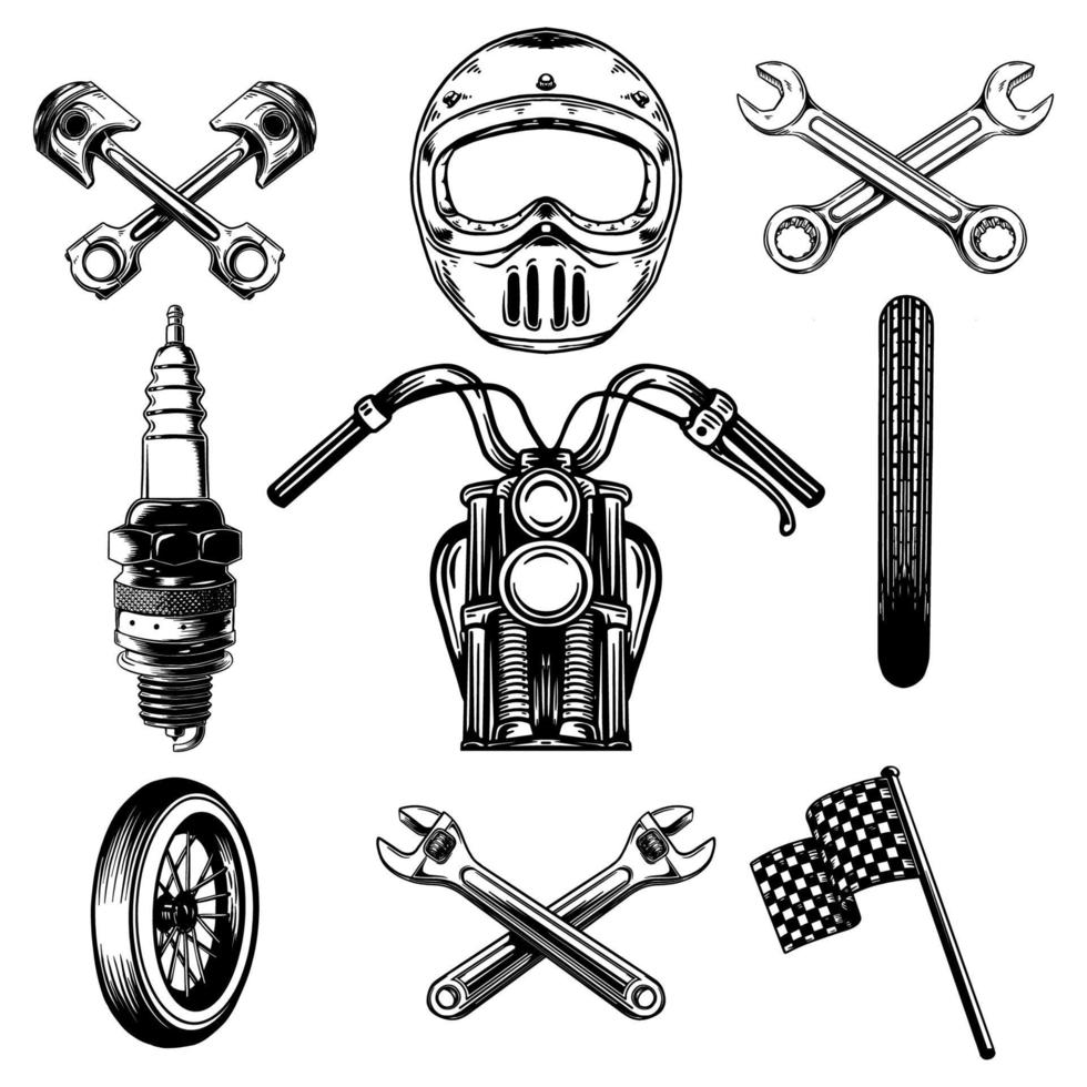 vector set element motorfiets, handgetekende stijl en vintage