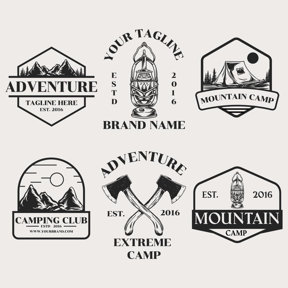 avontuur kamp logo set, handgetekende stijl illustratie vector