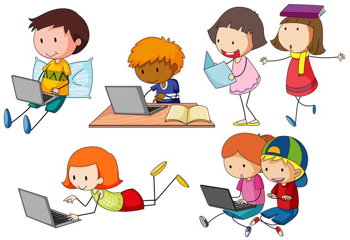 Kinderen die op computerlaptop werken vector