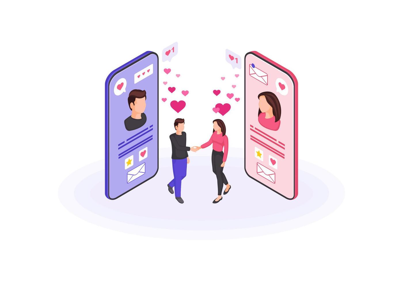 online dating isometrische kleur vectorillustratie. echte wereld paar verliefd. sociaal netwerk profiel website infographic. online relatie 3D-concept. liken, socialiseren van webpagina, ontwerp van mobiele apps vector