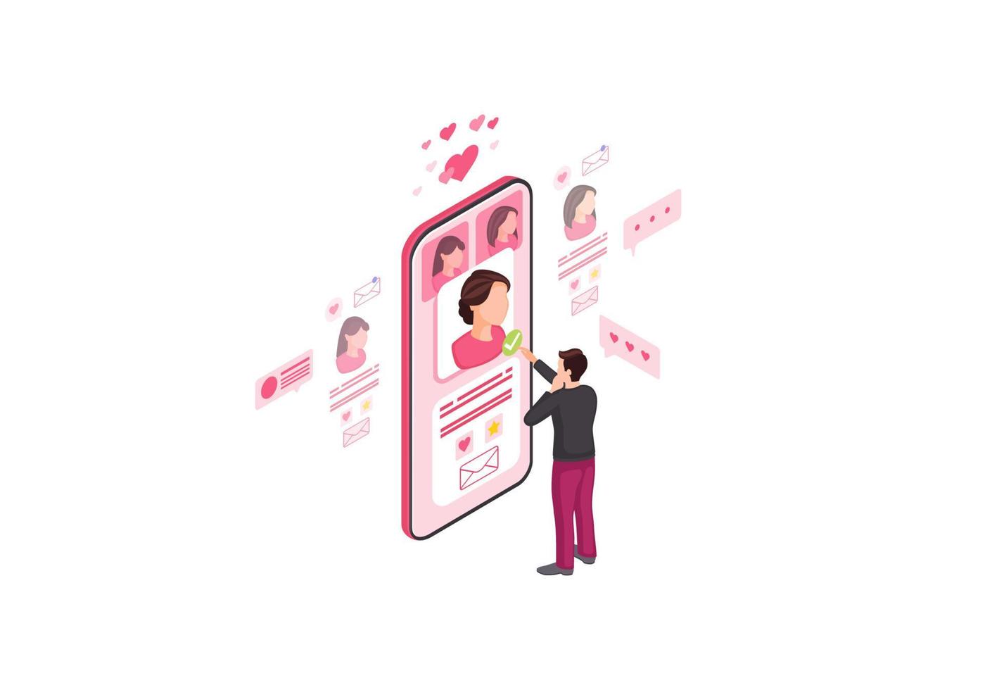 online dating isometrische kleur vectorillustratie. mannelijke plukdatum op roze scherm infographic. personen sociale media profiel 3d concept. matchmaking, webpagina leuk vinden, ontwerp van mobiele apps vector