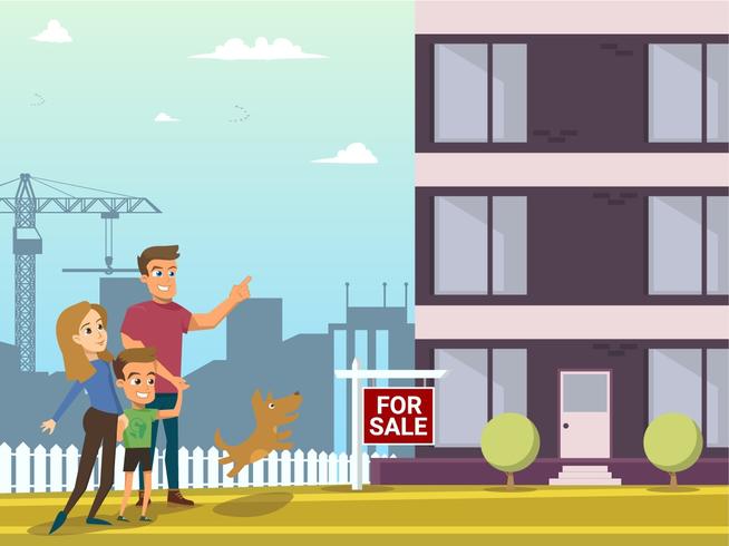 Family Buy Real Estate House. Stripfiguren. vector