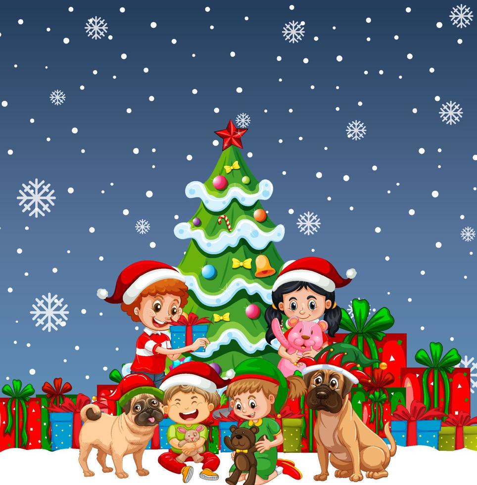 sneeuwvalscène met kinderen en honden in kerstthema vector