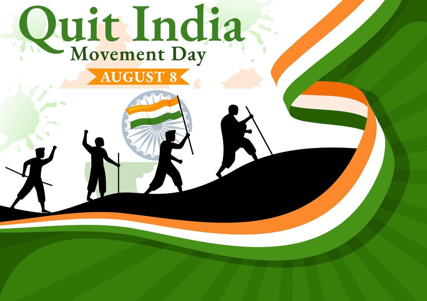 stoppen Indië beweging dag illustratie Aan 8 augustus met Indisch vlag en mensen silhouet in vlak tekenfilm achtergrond ontwerp vector