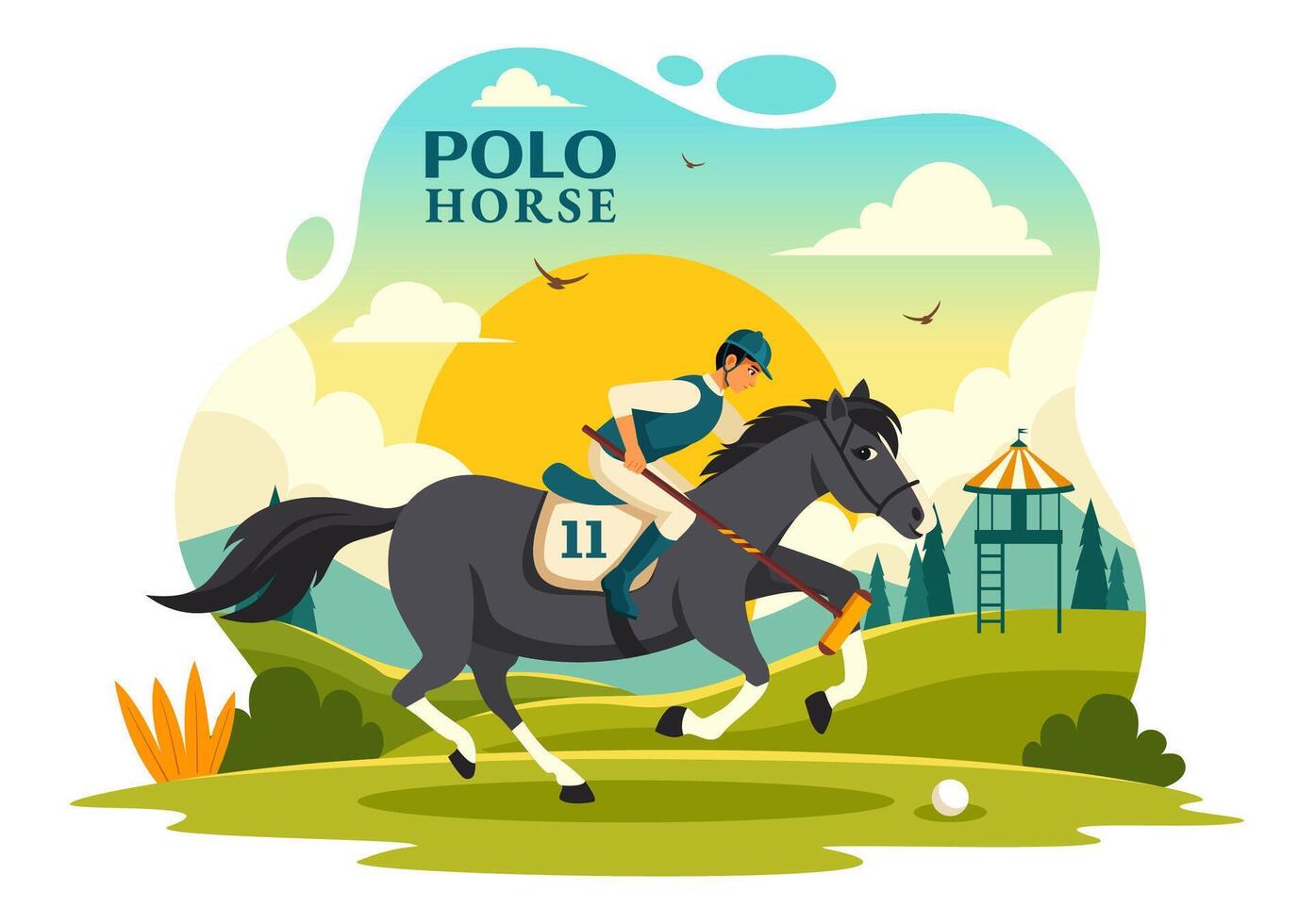 polo paard sport- illustratie met speler rijden paard en Holding stok gebruik uitrusting reeks naar wedstrijd in vlak tekenfilm achtergrond vector