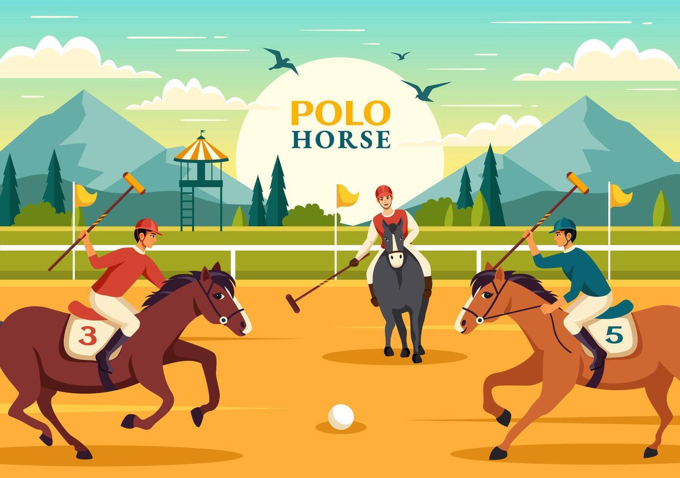 polo paard sport- illustratie met speler rijden paard en Holding stok gebruik uitrusting reeks naar wedstrijd in vlak tekenfilm achtergrond vector