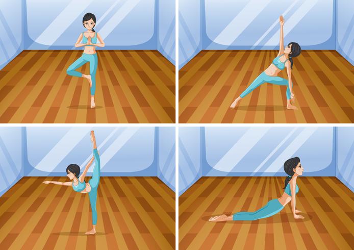 Vrouw die yoga in vier verschillende posities doet vector
